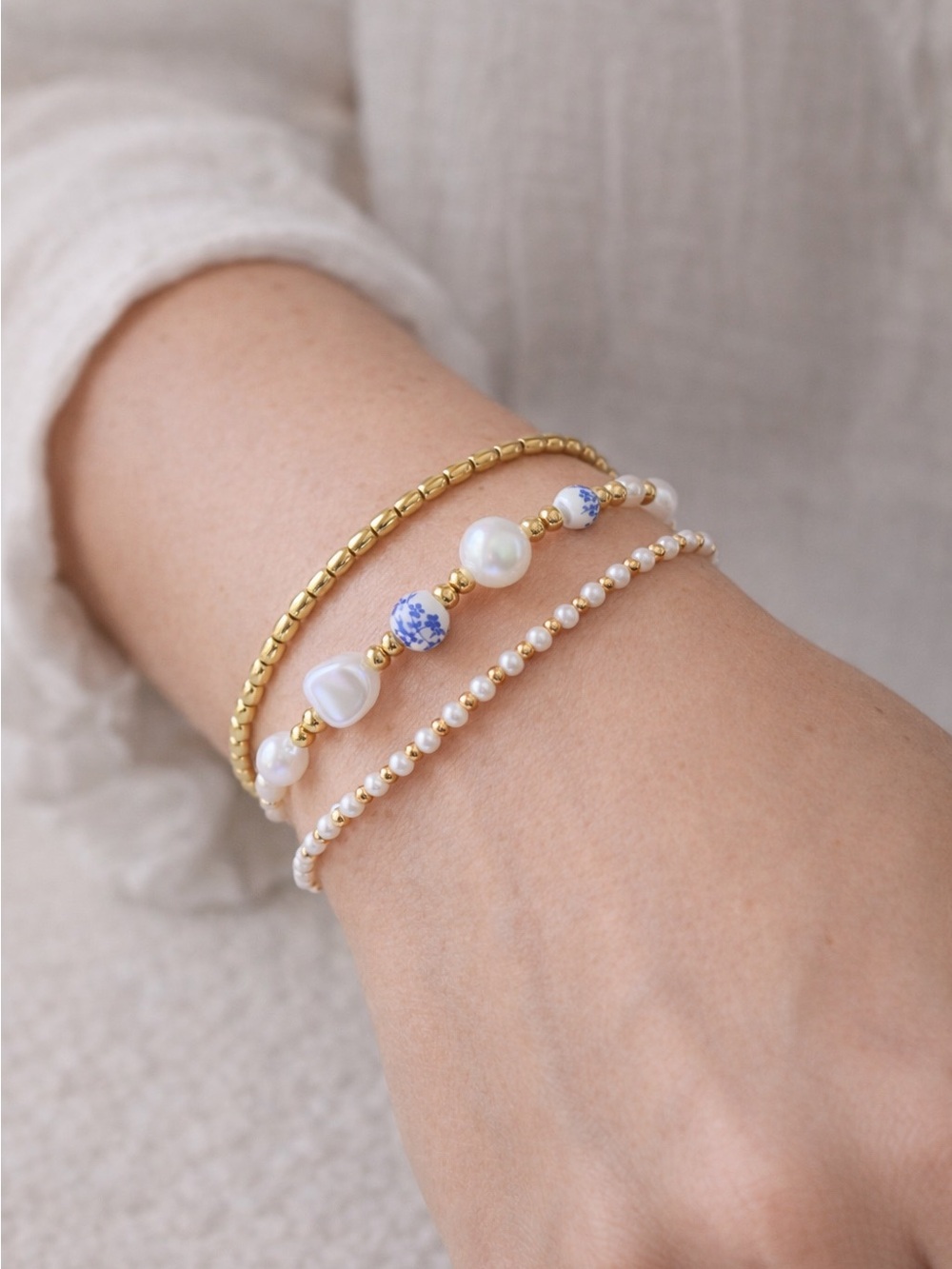 Gold and Pearl Beaded Stretch Bracelet Set  of 3 - Elegant Women’s Jewelry